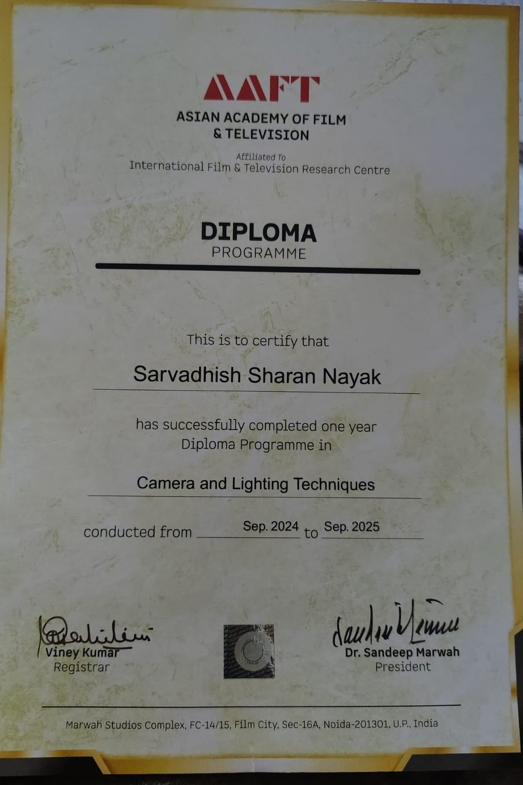 Camera & Lighting Techniques Certificate